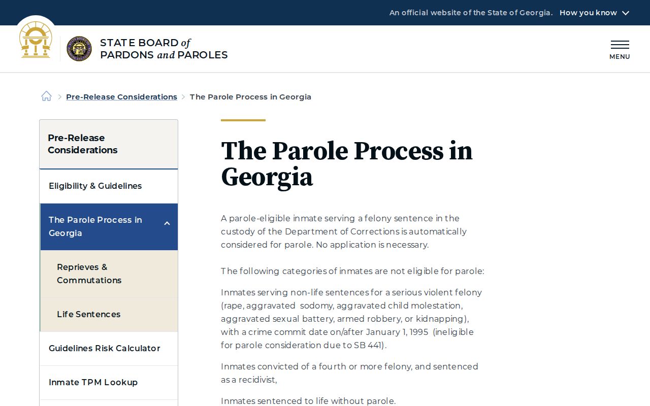 Georgia parole process page used for Brooks County release date lookup